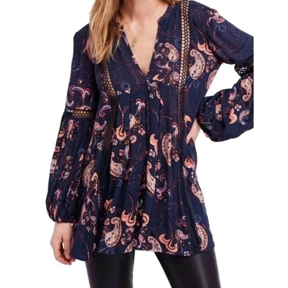 Free People Women's Blue‎ Boho Just the Two of Us Paisley Mini Dress Tunic Sz M